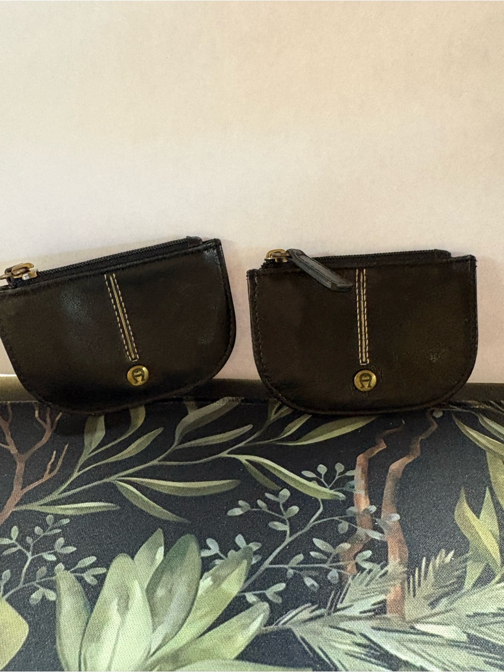 Etienne Aigner Black Leather Zip Coin Pouch Duo with Gold Logo